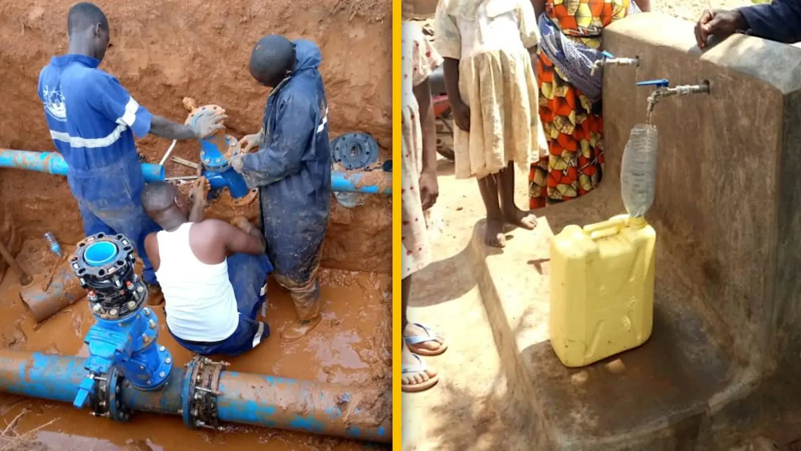 Arbeiter verlegen eine Wasserleitung, daneben eine Entnahmestelle mit Wasserkanister