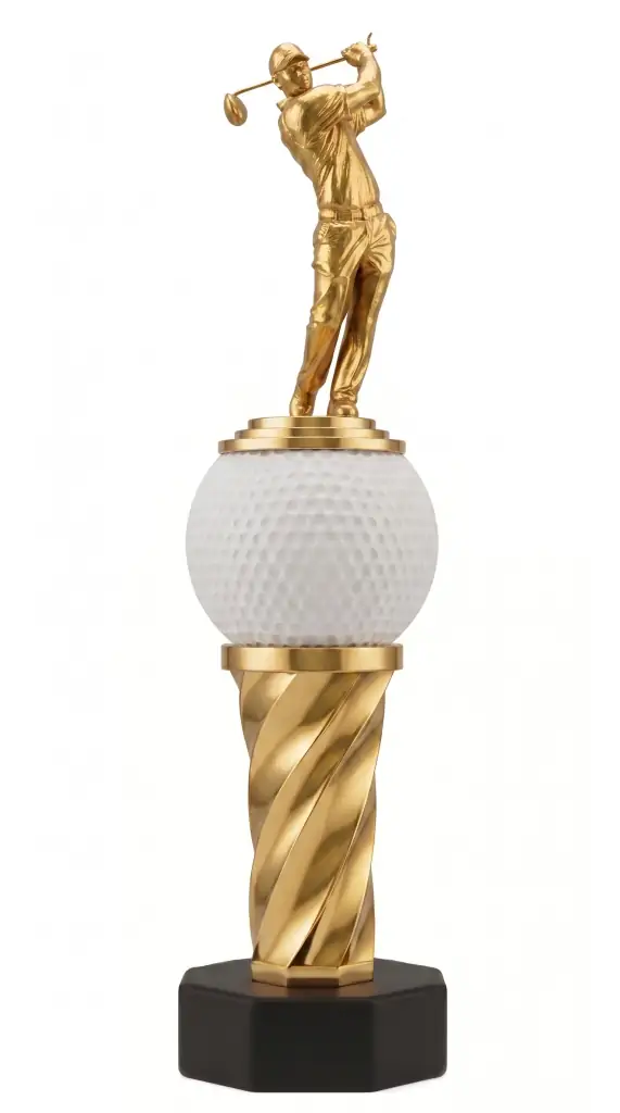 Pokal des PRECI-Charity-Cup mit Golferfigur und Ballmotiv