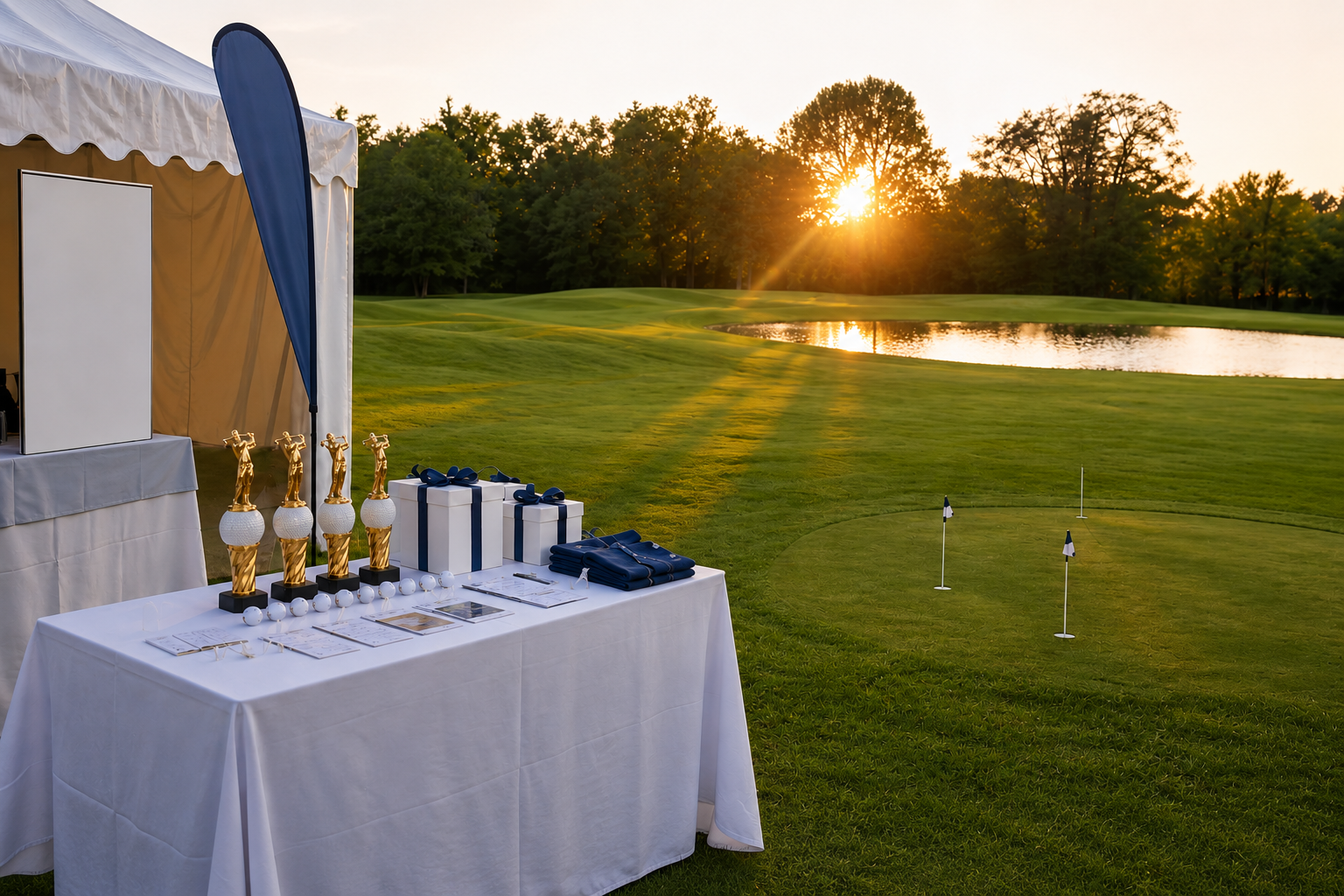 Sponsorentisch mit Pokalen, Beachflags und Golfzubehör neben einem VIP-Zelt auf dem Golfplatz.