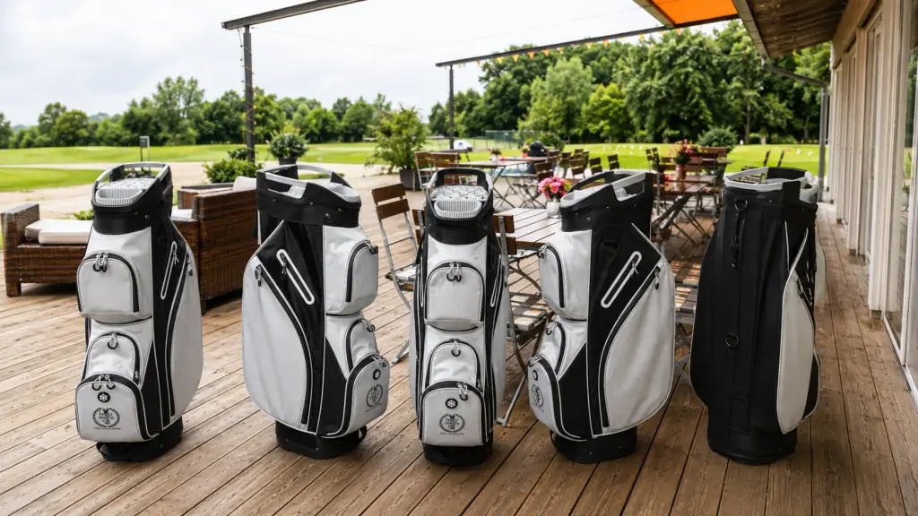 Mehrere weiß-schwarze PRECI-Charity-Cup-Golfbags stehen aus verschiedenen Blickwinkeln auf einer Clubterrasse mit Blick auf den Golfplatz.