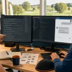 Zwei Teammitglieder vergleichen lange FAQ-Liste mit Chatbot-Antwort am Monitor