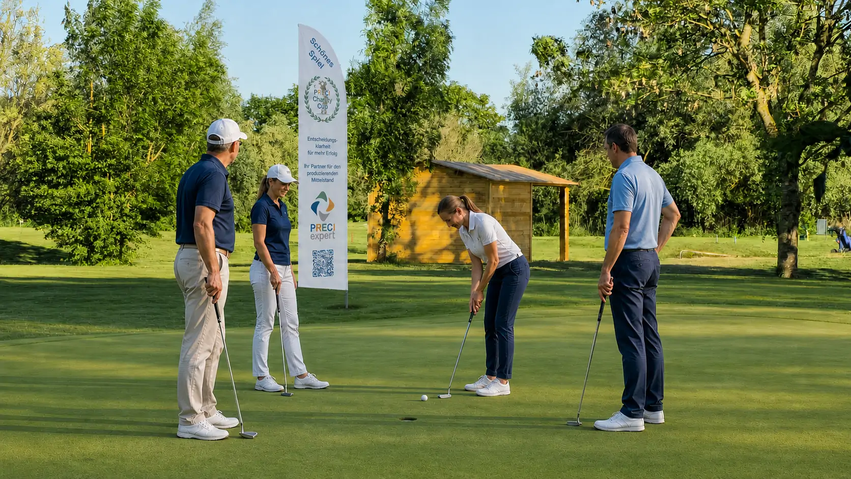 Vier Golferinnen und Golfer auf dem Green, dahinter die Beachflag einer gesponserten Bahn.