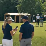 Zwei Golfer warten am Putting-Grün neben einer Beachflag, während eine Spielerin einen QR-Code scannt.