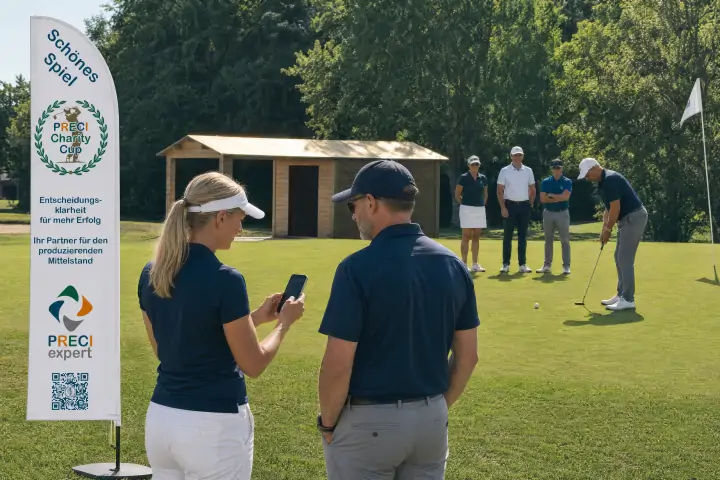 Zwei Golfer warten am Putting-Grün neben einer Beachflag, während eine Spielerin einen QR-Code scannt.