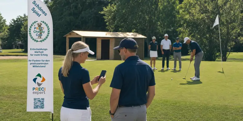 Zwei Golfer warten am Putting-Grün neben einer Beachflag, während eine Spielerin einen QR-Code scannt.