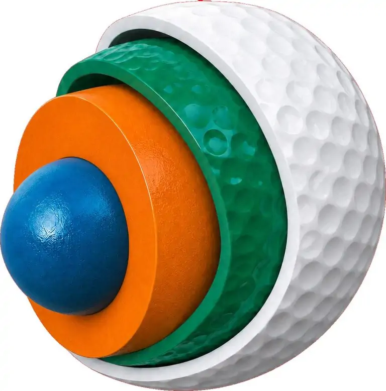 Aufgeschnittener Golfball zeigt die vier Schichten von Kern bis Urethan-Cover