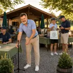 Teilnehmer im Biergarten räumen Mikrofon weg und verabschieden sich entspannt am späten Nachmittag