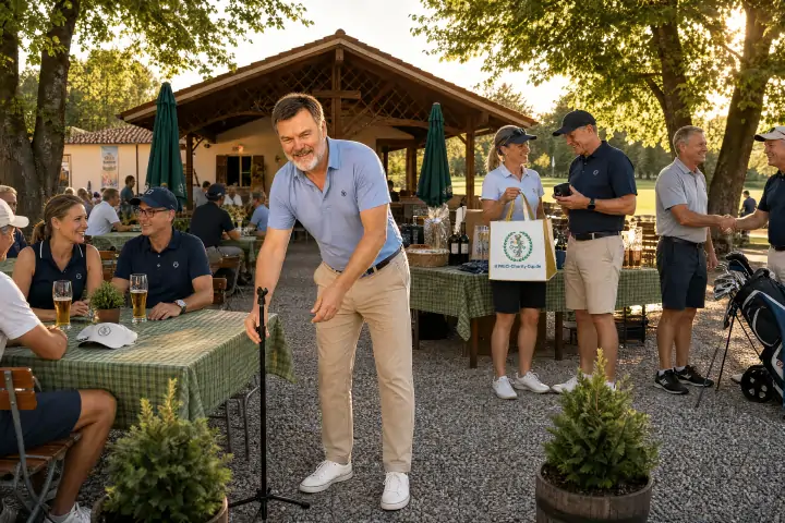 Teilnehmer im Biergarten räumen Mikrofon weg und verabschieden sich entspannt am späten Nachmittag