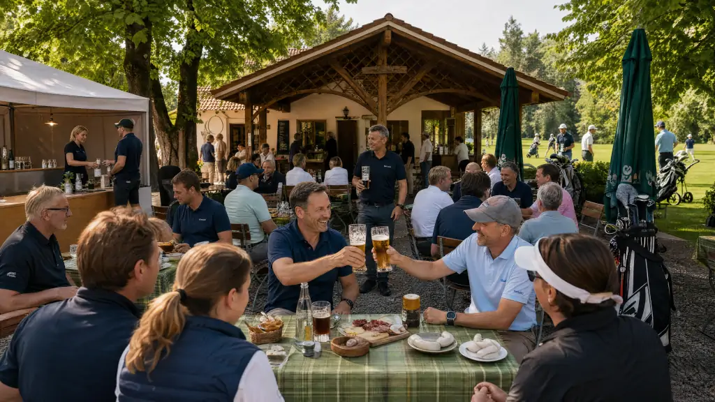 Teilnehmer im Biergarten der Nusser Alm mit Speisen und Getränken beim PRECI Charity Cup