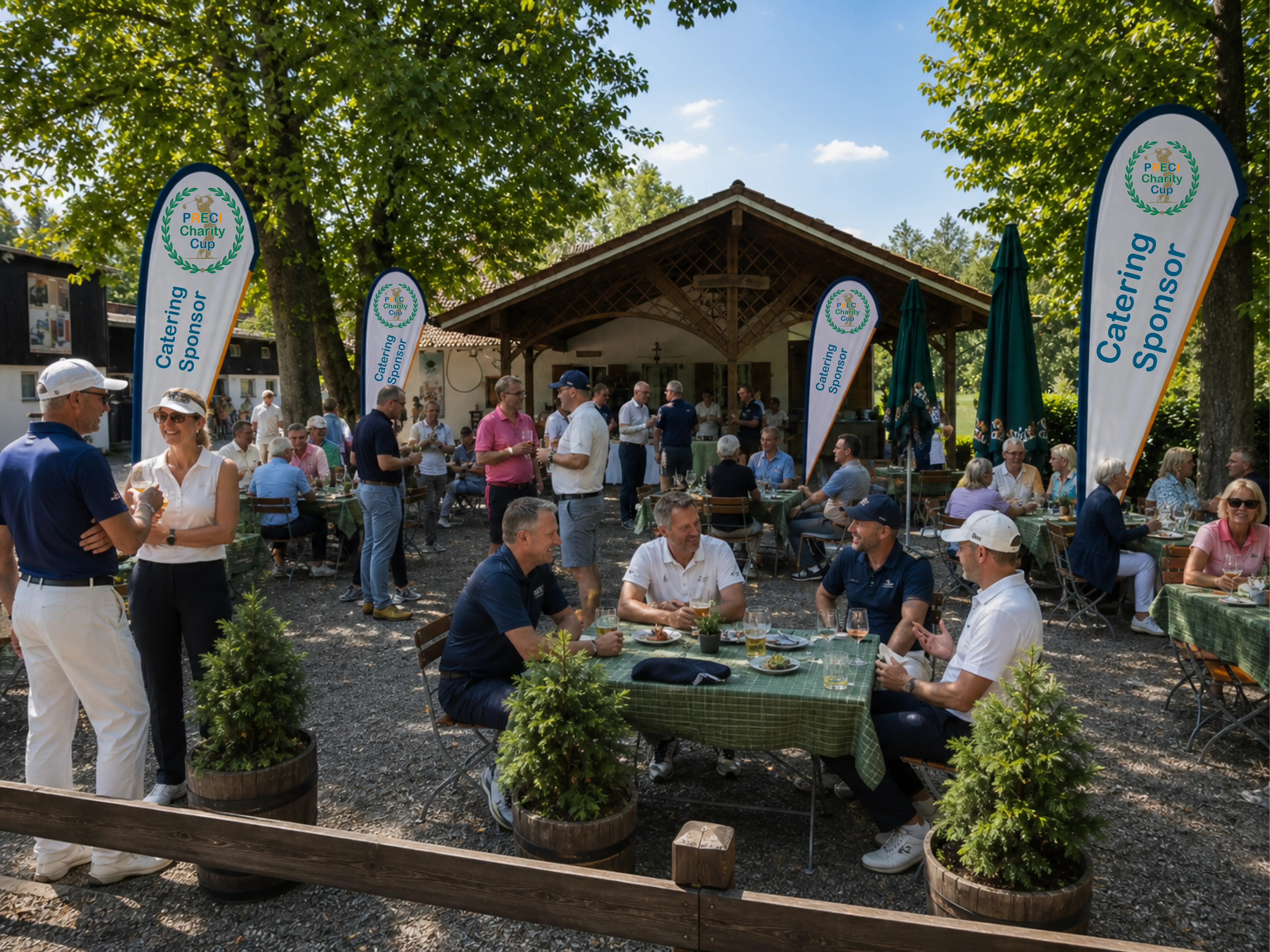 Gäste im Biergarten der Nusser Alm mit mehreren Beachflags beim PRECI-Charity-Cup