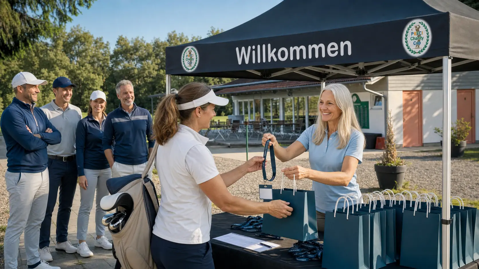 Check-in am Veranstalterzelt: Eine Teilnehmerin erhält Goodie Bag und Badge, Gäste warten im Hintergrund.