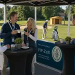 VIP-Zelt am Golfplatz, Team mit Lanyards verfolgt Abschlag eines Spielers ihres Unternehmens