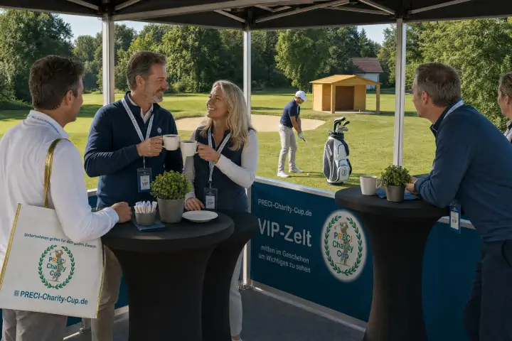 VIP-Zelt am Golfplatz, Team mit Lanyards verfolgt Abschlag eines Spielers ihres Unternehmens