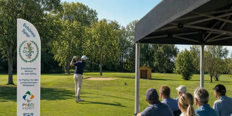 Gäste im VIP-Zelt verfolgen einen Golfabschlag, der Ball fliegt nach rechts oben