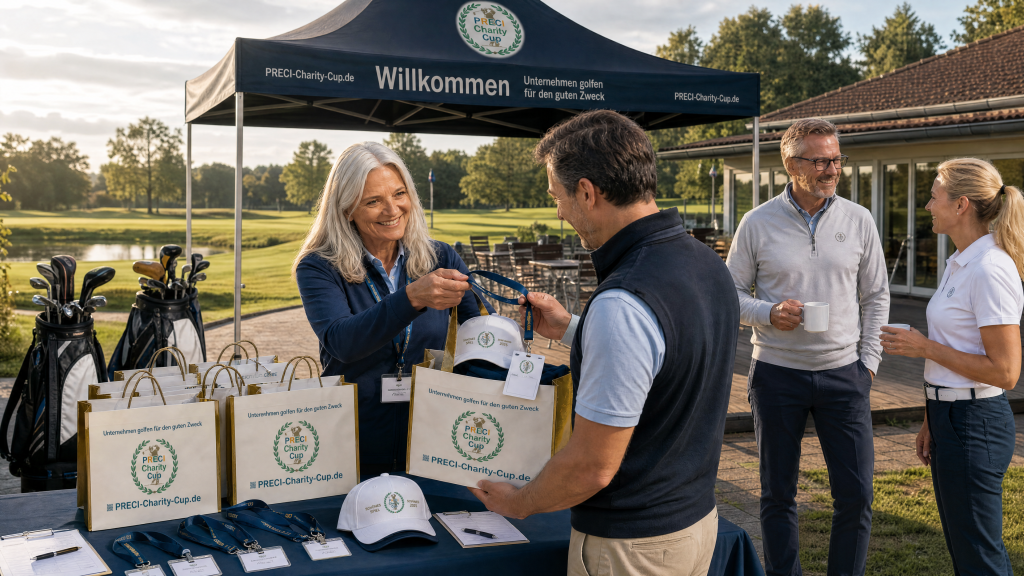 Gedeckter Startertisch mit Scorekarten, Namensschildern und Goodie-Bags vor dem Golfplatz