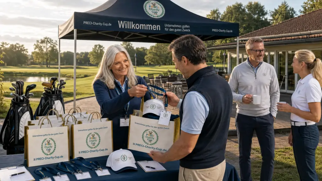 Gedeckter Startertisch mit Scorekarten, Namensschildern und Goodie-Bags vor dem Golfplatz