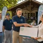 Symbolische Scheckübergabe im Biergarten der Nusser Alm beim PRECI Charity Cup