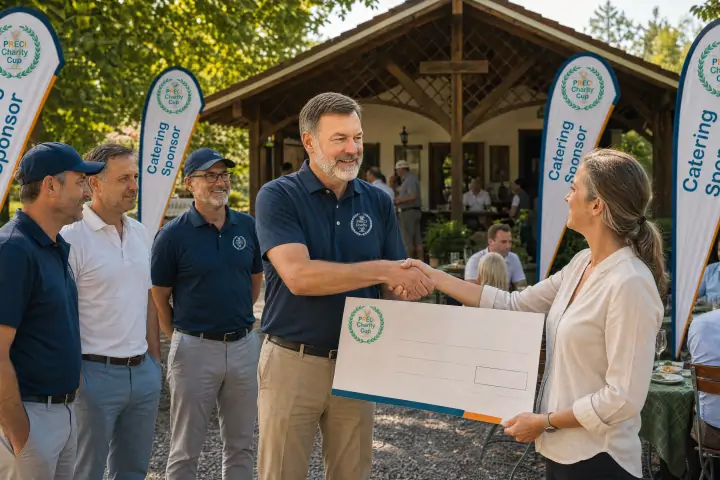 Symbolische Scheckübergabe im Biergarten der Nusser Alm beim PRECI Charity Cup