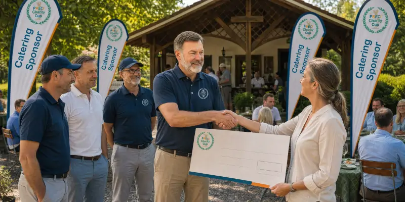 Symbolische Scheckübergabe im Biergarten der Nusser Alm beim PRECI Charity Cup