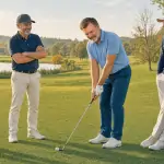 Vier Golfer auf einem Fairway, einer schlägt ab, die anderen beobachten im Team