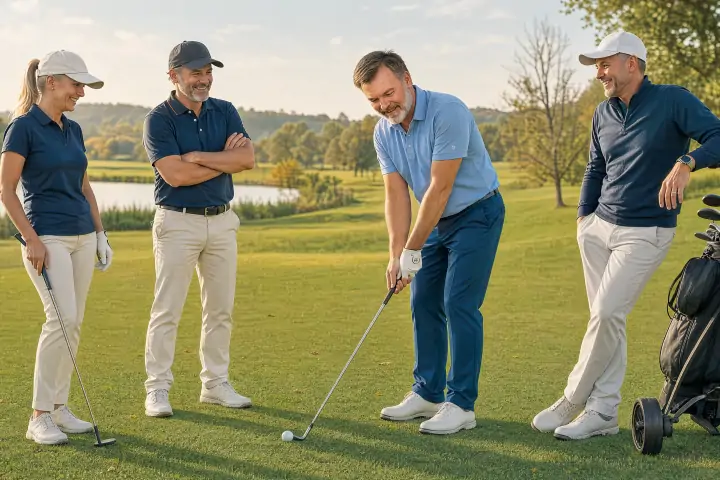 Vier Golfer auf einem Fairway, einer schlägt ab, die anderen beobachten im Team