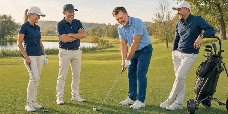 Vier Golfer auf einem Fairway, einer schlägt ab, die anderen beobachten im Team