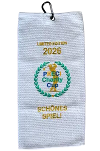 Weißes Golftuch aus Waffelfrottee mit Karabinerhaken, gestickt mit LIMITED EDITION 2026, dem Logo des PRECI-Charity-Cup und dem Schriftzug SCHÖNES SPIEL