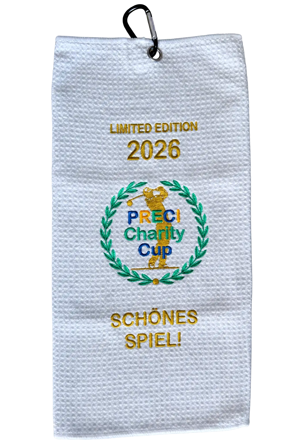 Weißes Golftuch aus Waffelfrottee mit Karabinerhaken, gestickt mit LIMITED EDITION 2026, dem Logo des PRECI-Charity-Cup und dem Schriftzug SCHÖNES SPIEL
