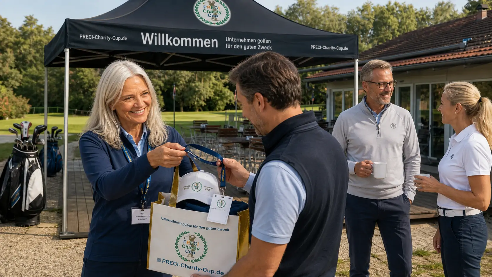 Karin übergibt am Check-in ein Goodie-Bag an einen eingeladenen Golfer beim PRECI-Charity-Cup.