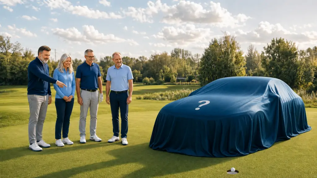 Vier Golfer stehen auf dem Grün neben einem verhüllten Luxusauto mit Fragezeichen; ein Golfball liegt knapp am Lochrand.