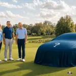Vier Golfer stehen auf dem Grün neben einem verhüllten Luxusauto mit Fragezeichen; ein Golfball liegt knapp am Lochrand.