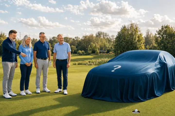 Vier Golfer stehen auf dem Grün neben einem verhüllten Luxusauto mit Fragezeichen; ein Golfball liegt knapp am Lochrand.