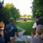 Golfer jubeln auf erhöhtem Abschlag, neben der Fahne steht ein Auto als Hole-in-One-Preis