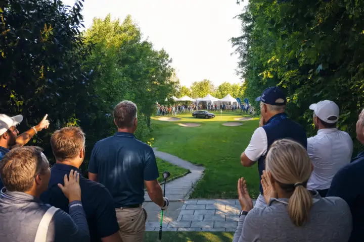 Golfer jubeln auf erhöhtem Abschlag, neben der Fahne steht ein Auto als Hole-in-One-Preis