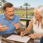 Horst und Karin sitzen auf einer Golfhotel-Terrasse mit Notizbuch und Golfbags und diskutieren eine Idee.