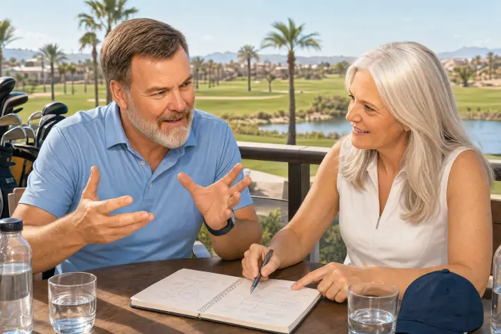Horst und Karin sitzen auf einer Golfhotel-Terrasse mit Notizbuch und Golfbags und diskutieren eine Idee.