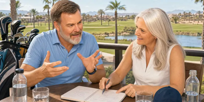 Horst und Karin sitzen auf einer Golfhotel-Terrasse mit Notizbuch und Golfbags und diskutieren eine Idee.