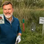 Golfer hält einen Mulligan-Joker, während sein Ball im geschützten Biotop liegt.