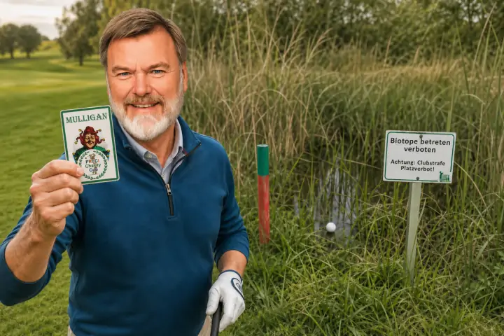 Golfer hält einen Mulligan-Joker, während sein Ball im geschützten Biotop liegt.
