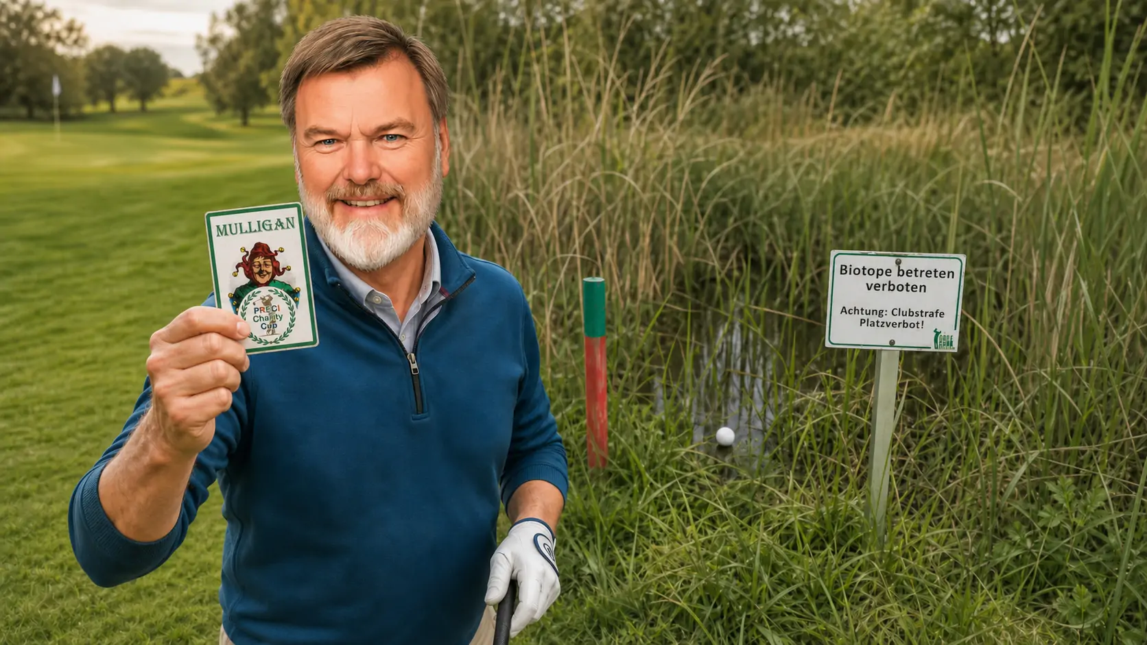 Golfer hält einen Mulligan-Joker, während sein Ball im geschützten Biotop liegt.