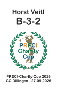Namensschild des PRECI-Charity-Cup mit Namen, Startnummer B-3-2, Cup-Logo und der Angabe GC Dillingen, 27.09.2026