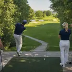 Vier Golfer auf erhöhtem Abschlag, Ballflug Richtung Grün mit Wasser und Bunkern