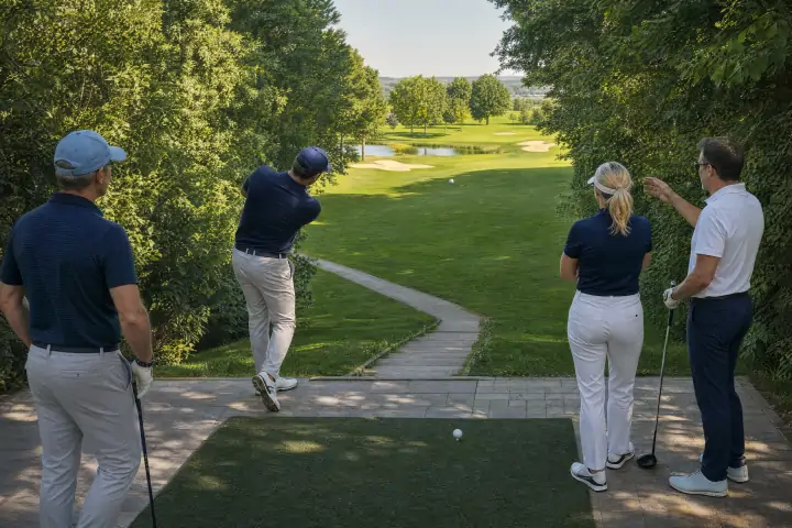 Vier Golfer auf erhöhtem Abschlag, Ballflug Richtung Grün mit Wasser und Bunkern