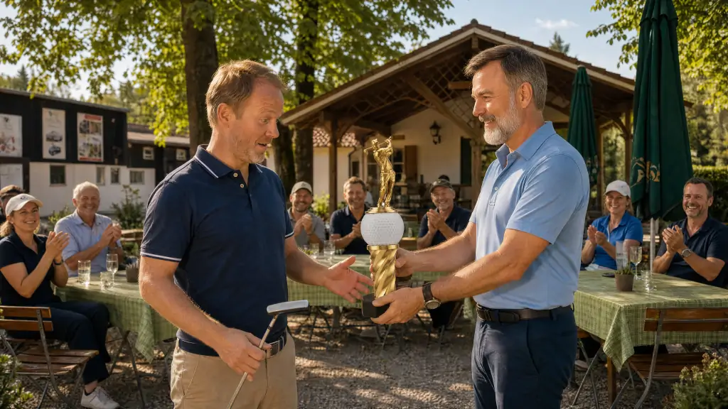 Ungeübter Golfer erhält Pokal nach erfolgreichem Putt im Biergarten
