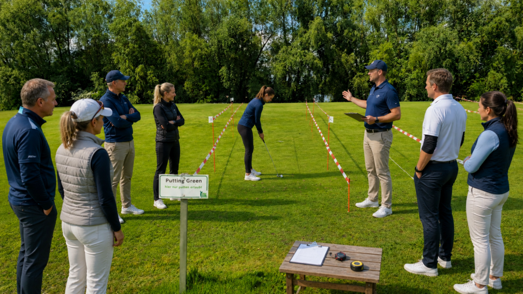Teilnehmerin puttet auf dem abgesteckten Übungsgrün, während ein Golf-Pro die Regeln erklärt.