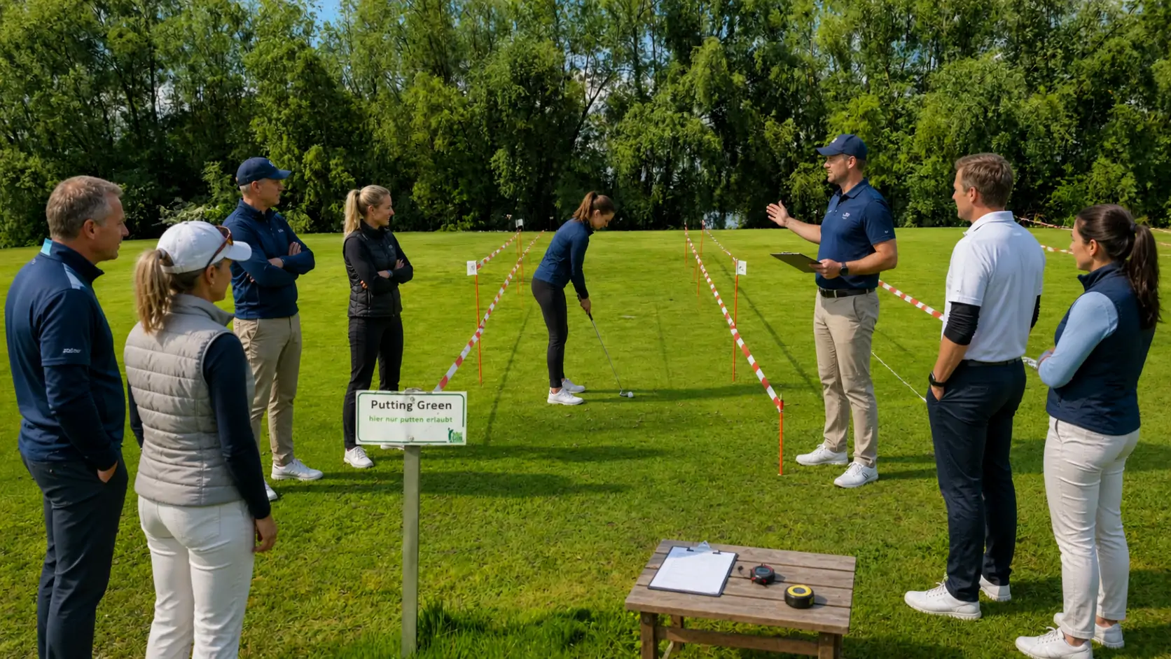 Teilnehmerin puttet auf dem abgesteckten Übungsgrün, während ein Golf-Pro die Regeln erklärt.