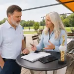 Horst und Karin planen den PRECI Charity Cup auf der Terrasse der Nusser Alm mit Tablet und Pokal