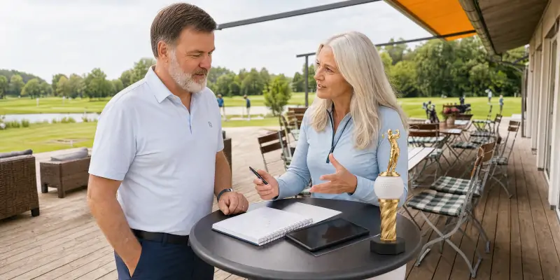 Horst und Karin planen den PRECI Charity Cup auf der Terrasse der Nusser Alm mit Tablet und Pokal