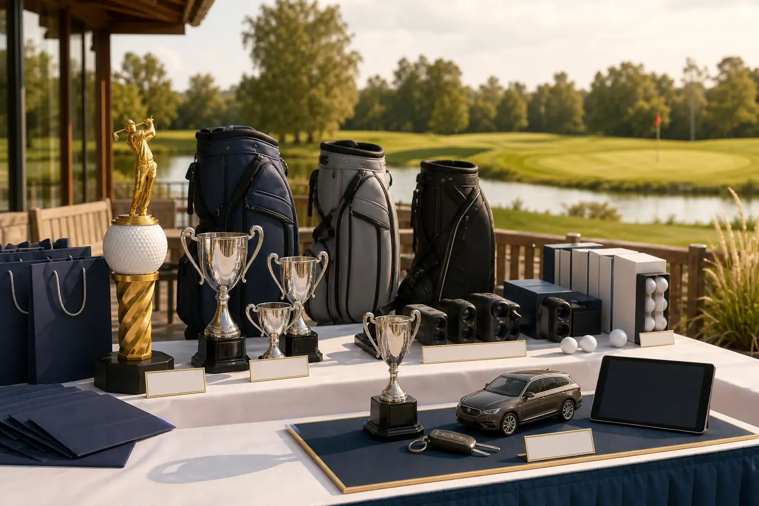 Preistisch mit Pokalen, Golfbags, Rangefindern und Hole-in-One-Preisen auf der Clubhausterrasse.