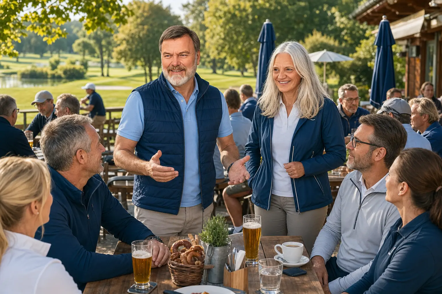 Horst und Karin sprechen mit Gästen an Holztischen im Biergarten nach dem PRECI-Charity-Cup.